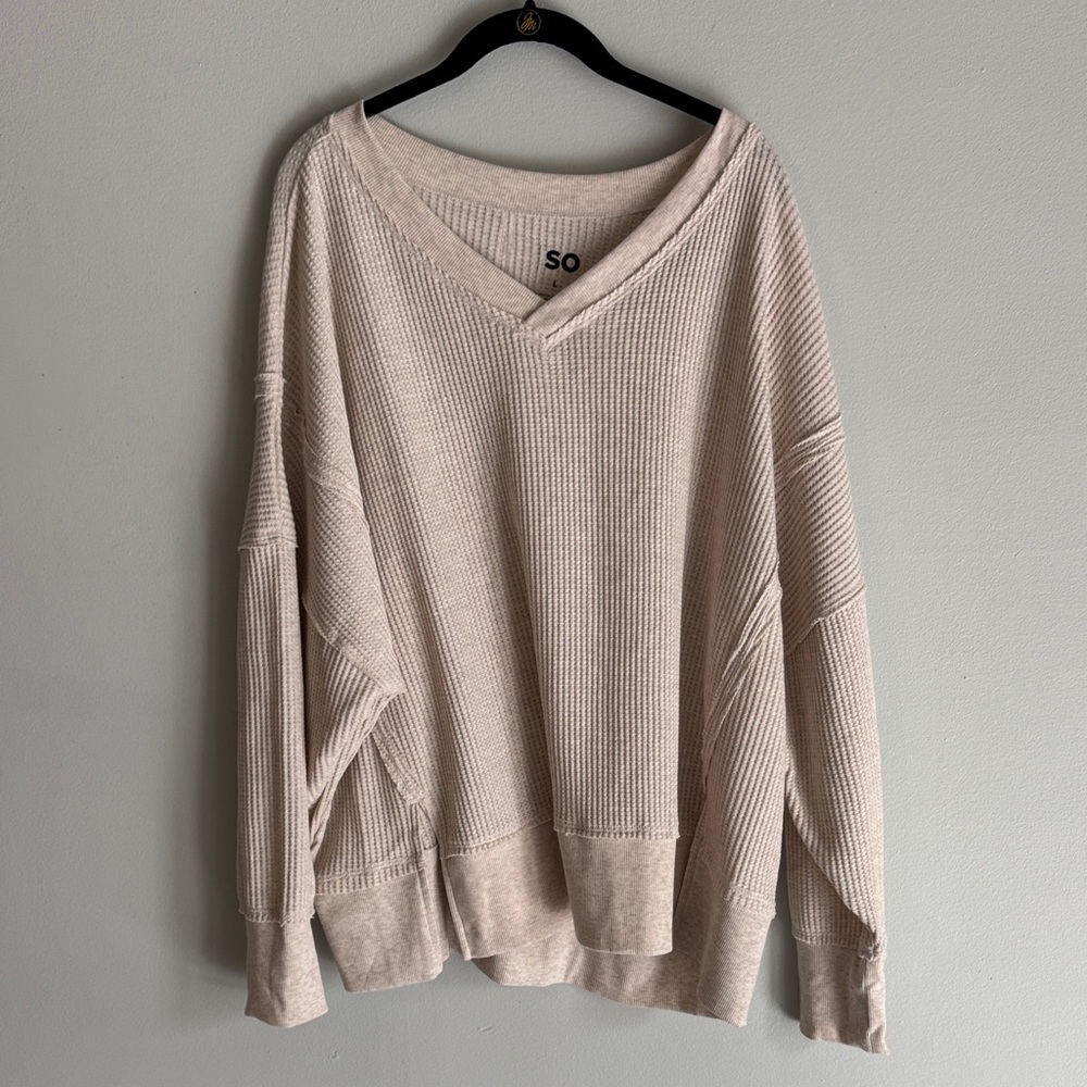 SO Beige V-Neck Knit Oversized Pullover‎ (L)
